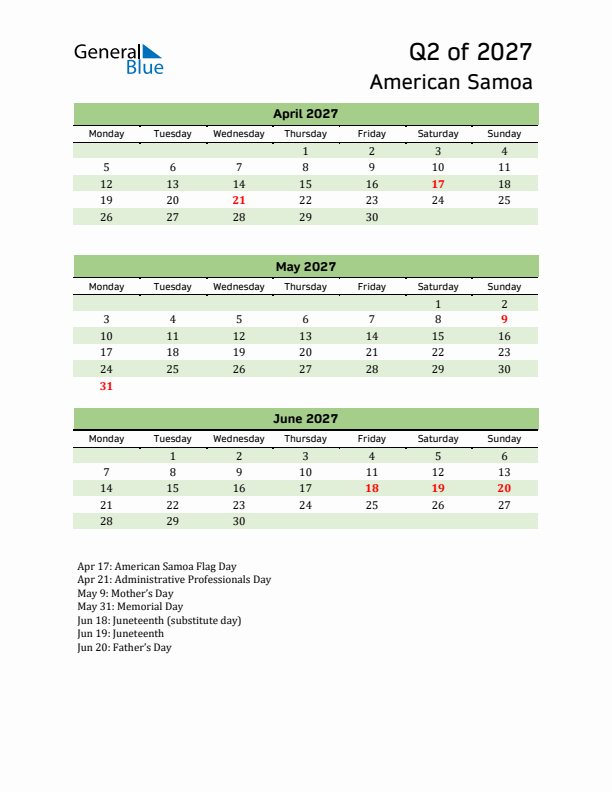 Quarterly Calendar 2027 with American Samoa Holidays
