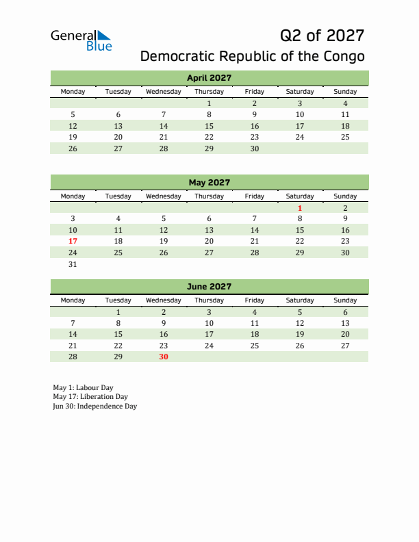 Quarterly Calendar 2027 with Democratic Republic of the Congo Holidays