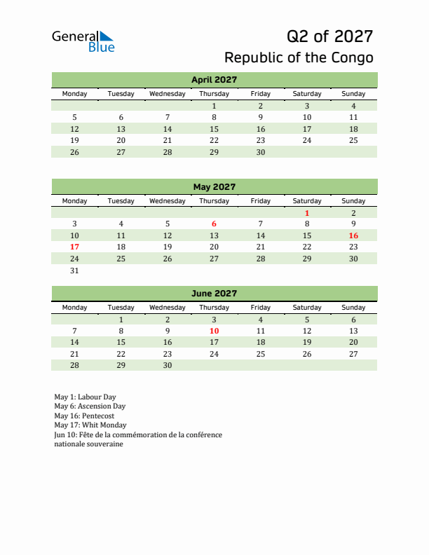 Quarterly Calendar 2027 with Republic of the Congo Holidays