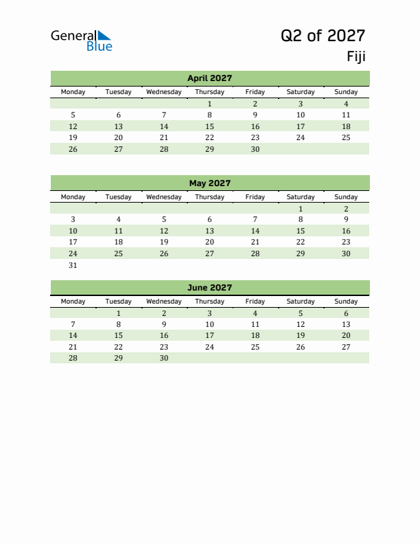 Quarterly Calendar 2027 with Fiji Holidays