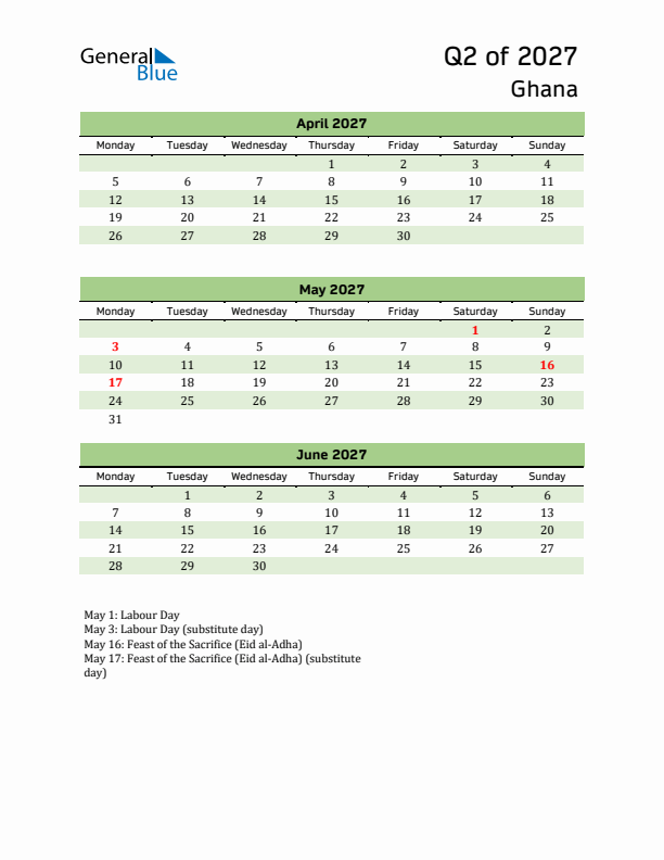 Quarterly Calendar 2027 with Ghana Holidays