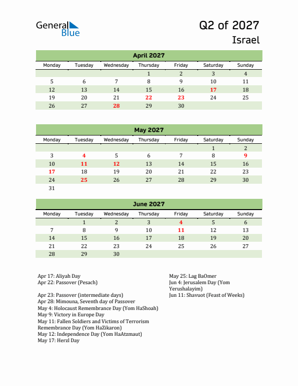Quarterly Calendar 2027 with Israel Holidays