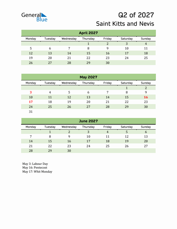 Quarterly Calendar 2027 with Saint Kitts and Nevis Holidays