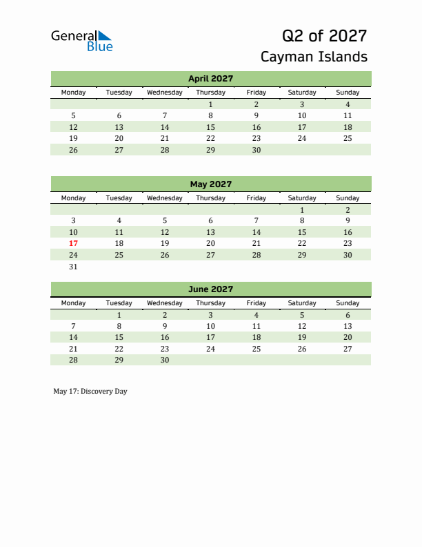Quarterly Calendar 2027 with Cayman Islands Holidays