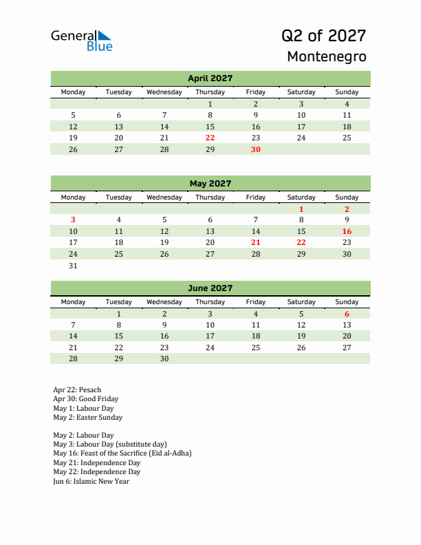 Quarterly Calendar 2027 with Montenegro Holidays
