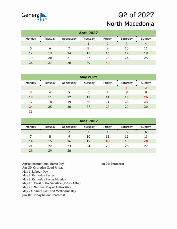 Quarterly Calendar 2027 with North Macedonia Holidays