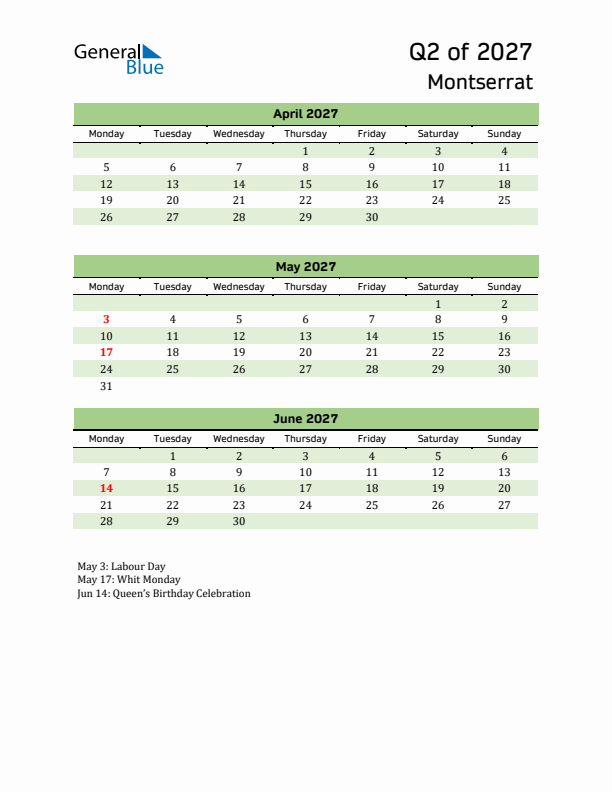 Quarterly Calendar 2027 with Montserrat Holidays