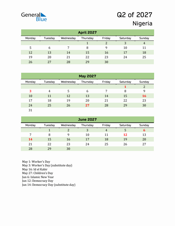 Quarterly Calendar 2027 with Nigeria Holidays