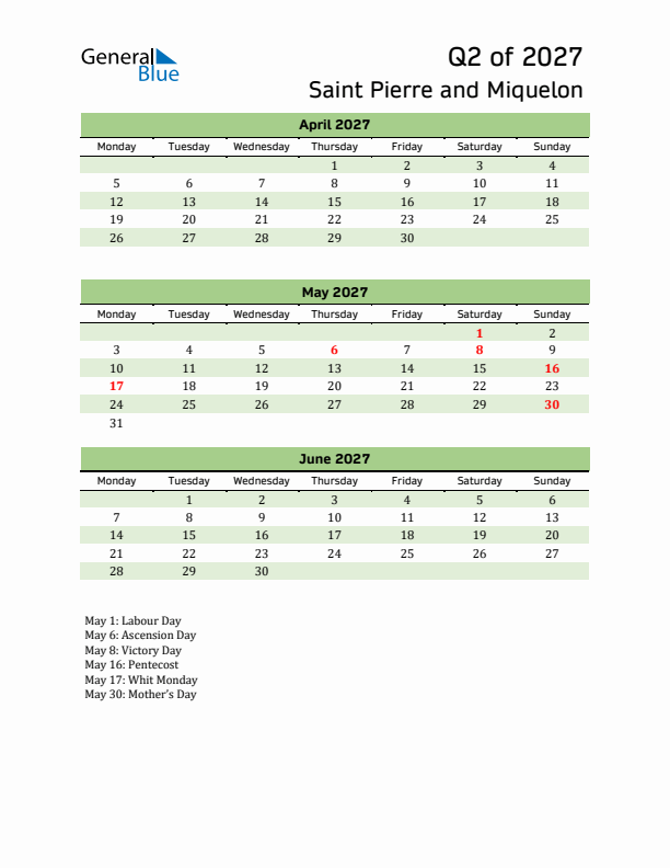 Quarterly Calendar 2027 with Saint Pierre and Miquelon Holidays