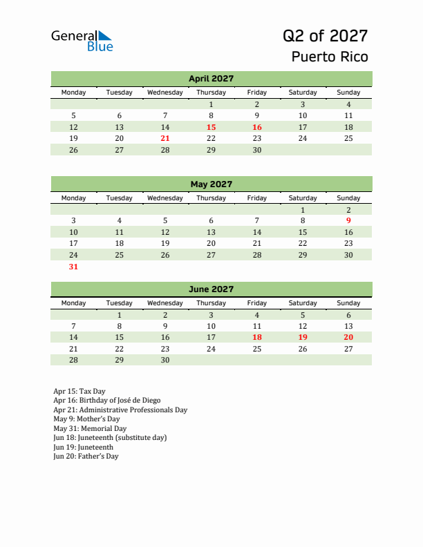 Quarterly Calendar 2027 with Puerto Rico Holidays