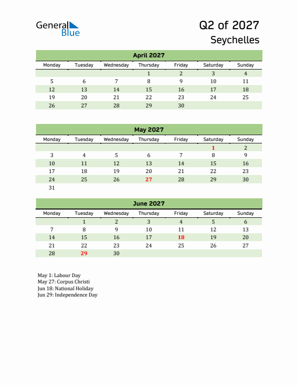 Quarterly Calendar 2027 with Seychelles Holidays