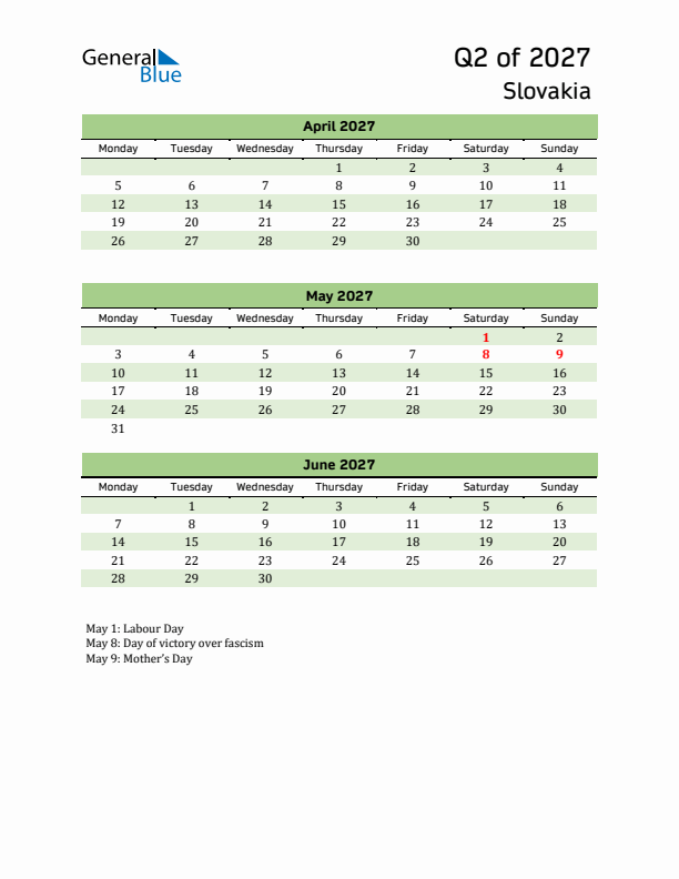 Quarterly Calendar 2027 with Slovakia Holidays