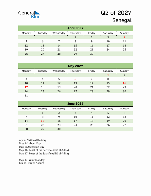Quarterly Calendar 2027 with Senegal Holidays