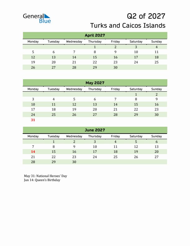 Quarterly Calendar 2027 with Turks and Caicos Islands Holidays