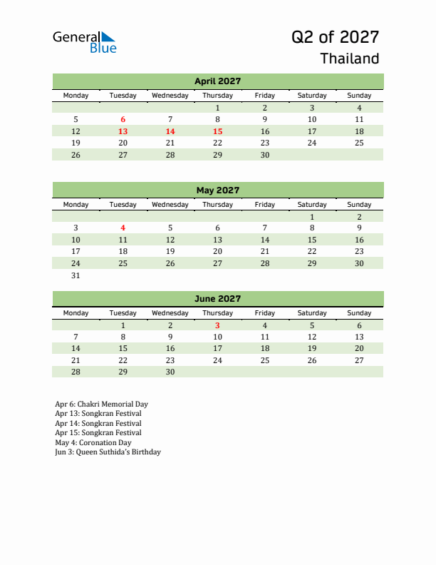 Quarterly Calendar 2027 with Thailand Holidays