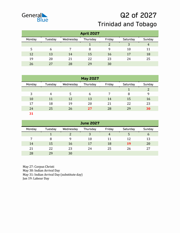 Quarterly Calendar 2027 with Trinidad and Tobago Holidays