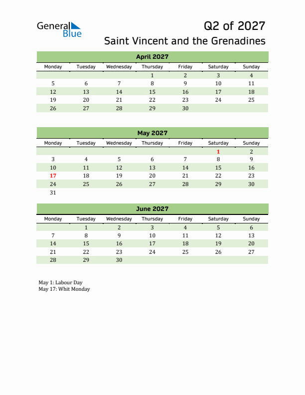 Quarterly Calendar 2027 with Saint Vincent and the Grenadines Holidays