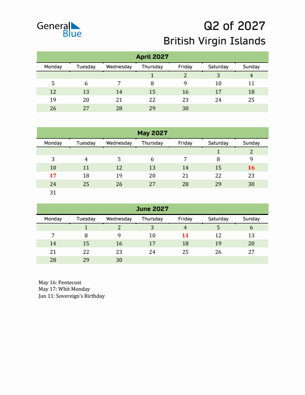 Quarterly Calendar 2027 with British Virgin Islands Holidays