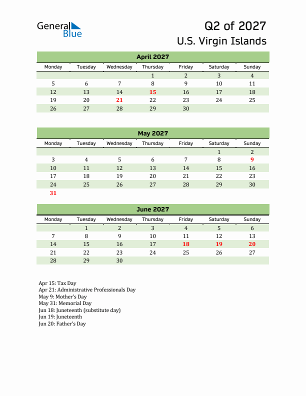 Quarterly Calendar 2027 with U.S. Virgin Islands Holidays