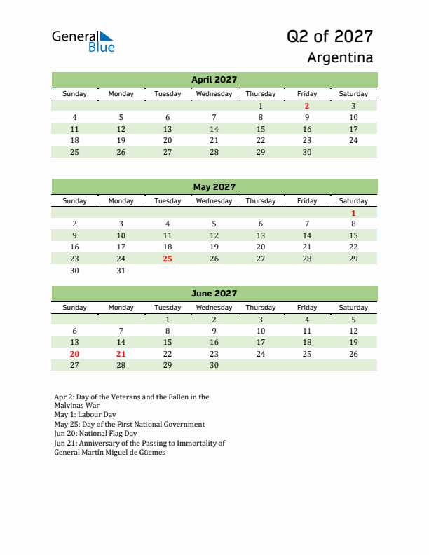 Quarterly Calendar 2027 with Argentina Holidays