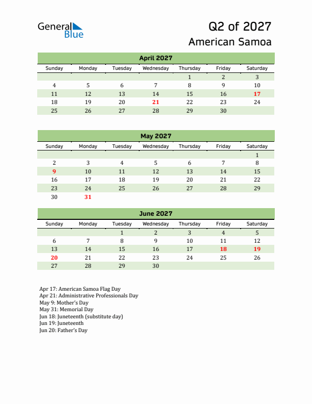 Quarterly Calendar 2027 with American Samoa Holidays