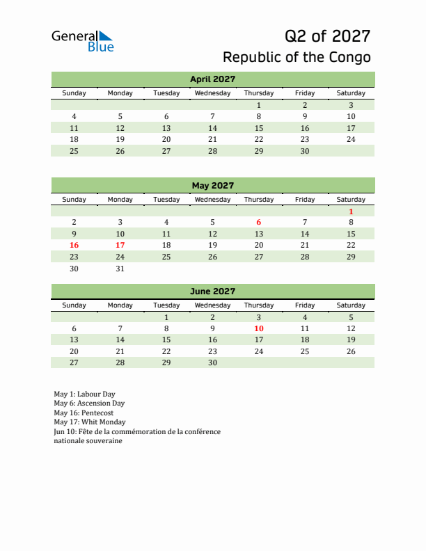 Quarterly Calendar 2027 with Republic of the Congo Holidays