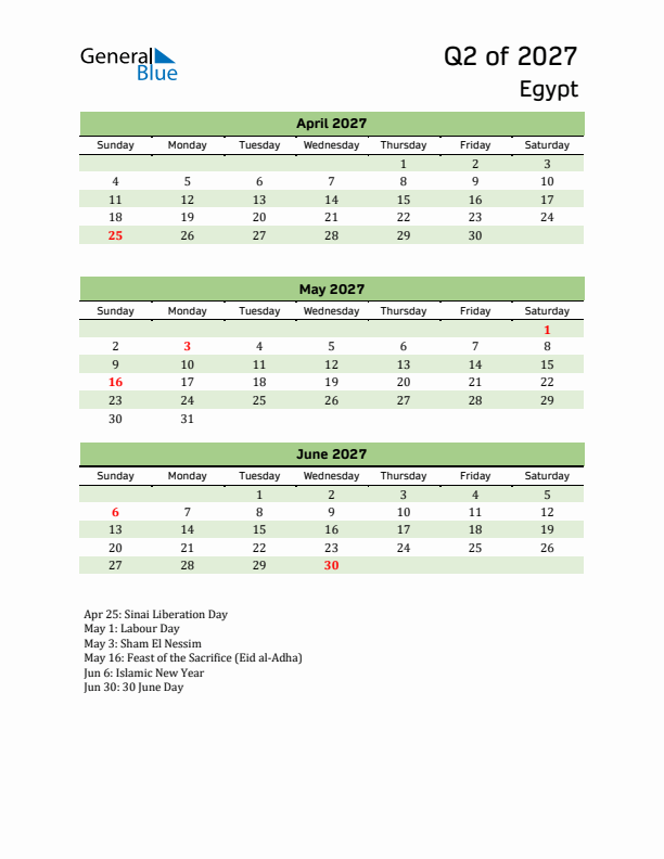 Quarterly Calendar 2027 with Egypt Holidays