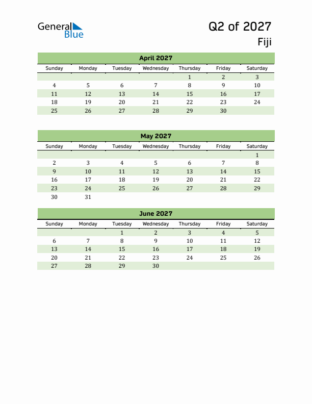 Quarterly Calendar 2027 with Fiji Holidays