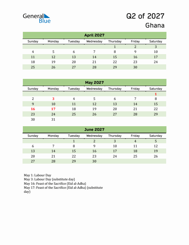 Quarterly Calendar 2027 with Ghana Holidays