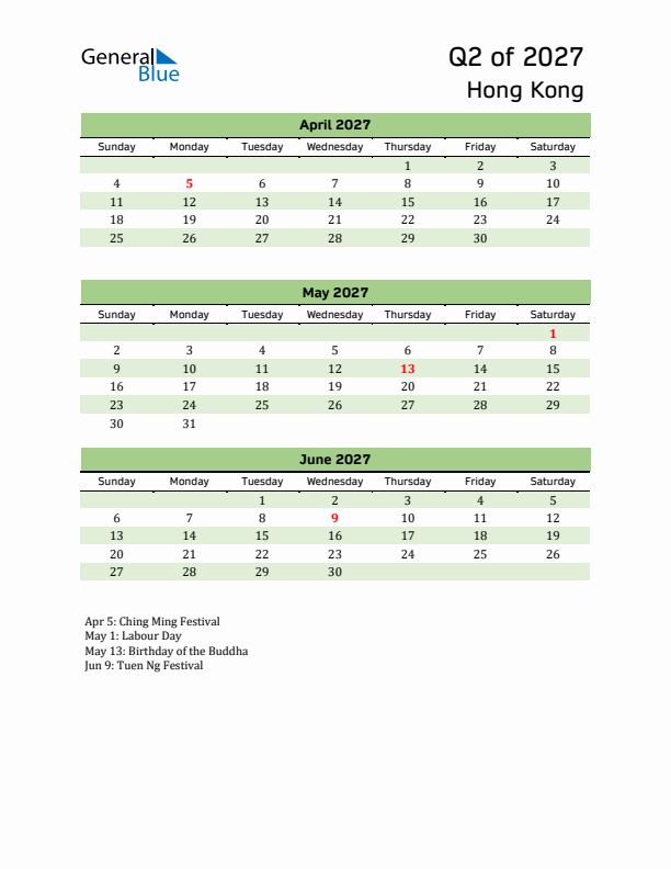 Quarterly Calendar 2027 with Hong Kong Holidays