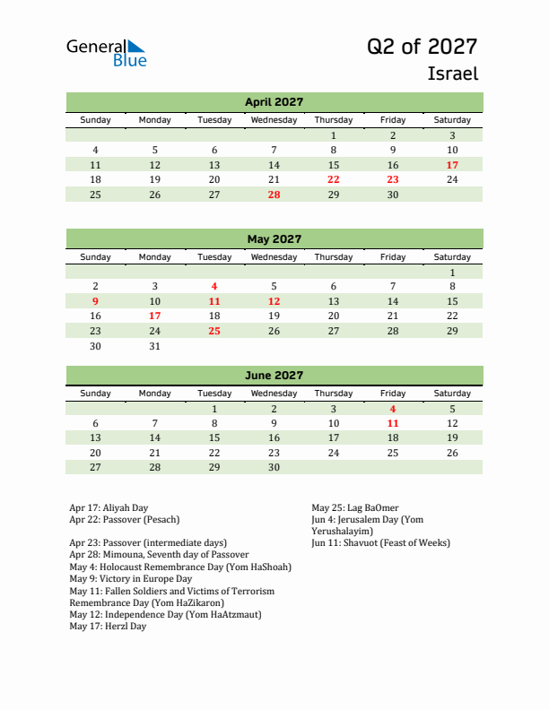 Quarterly Calendar 2027 with Israel Holidays