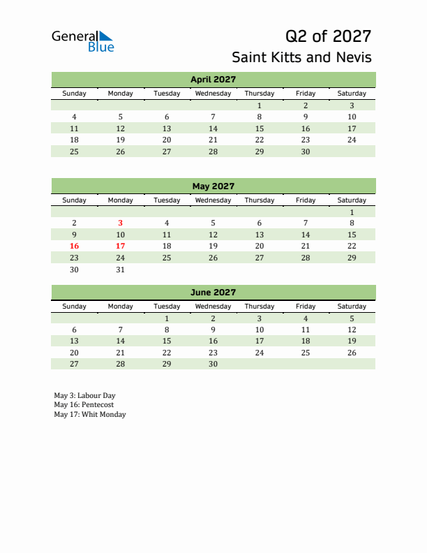 Quarterly Calendar 2027 with Saint Kitts and Nevis Holidays