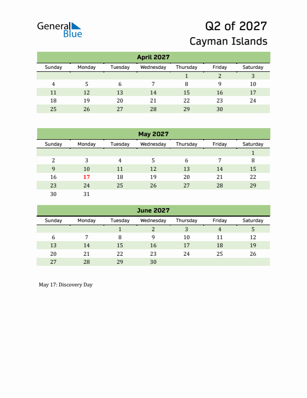 Quarterly Calendar 2027 with Cayman Islands Holidays