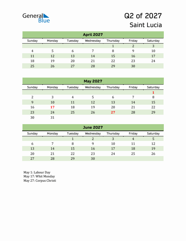 Quarterly Calendar 2027 with Saint Lucia Holidays