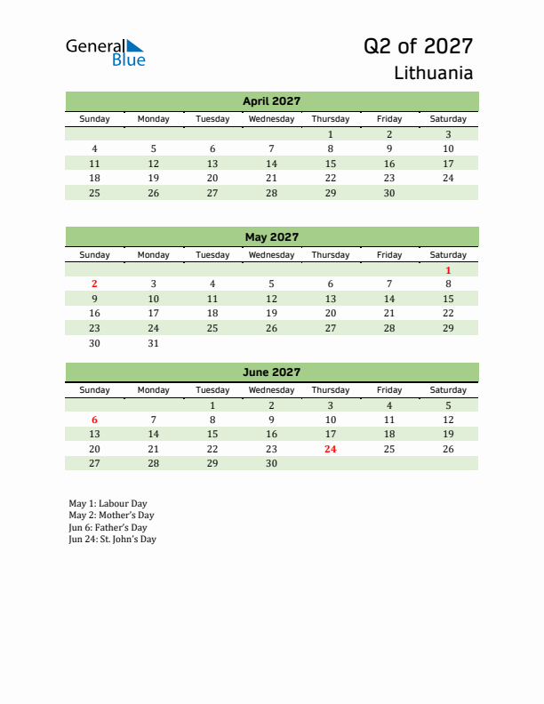 Quarterly Calendar 2027 with Lithuania Holidays