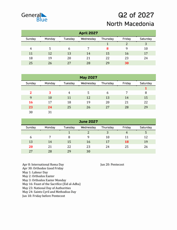 Quarterly Calendar 2027 with North Macedonia Holidays