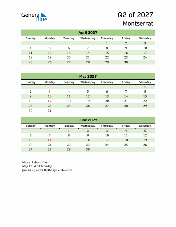 Quarterly Calendar 2027 with Montserrat Holidays