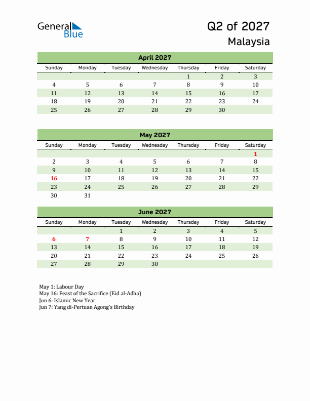 Quarterly Calendar 2027 with Malaysia Holidays