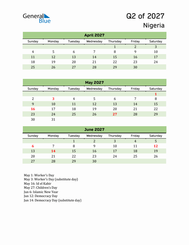 Quarterly Calendar 2027 with Nigeria Holidays