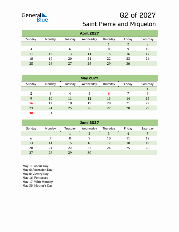 Quarterly Calendar 2027 with Saint Pierre and Miquelon Holidays