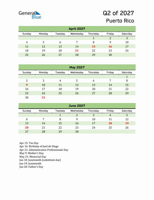 Quarterly Calendar 2027 with Puerto Rico Holidays