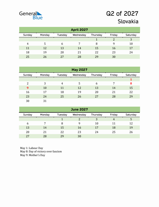 Quarterly Calendar 2027 with Slovakia Holidays