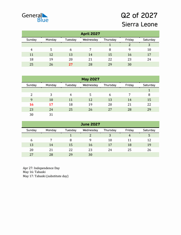 Quarterly Calendar 2027 with Sierra Leone Holidays