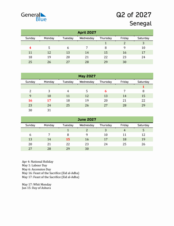 Quarterly Calendar 2027 with Senegal Holidays