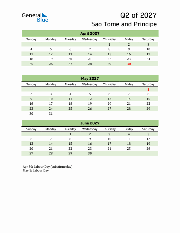 Quarterly Calendar 2027 with Sao Tome and Principe Holidays