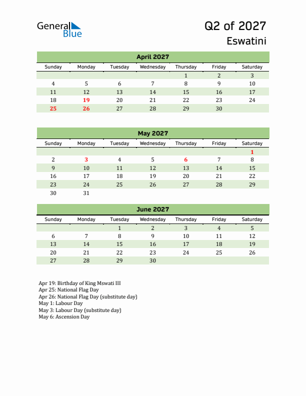 Quarterly Calendar 2027 with Eswatini Holidays