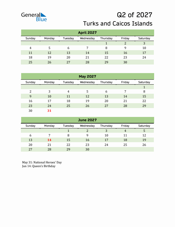 Quarterly Calendar 2027 with Turks and Caicos Islands Holidays
