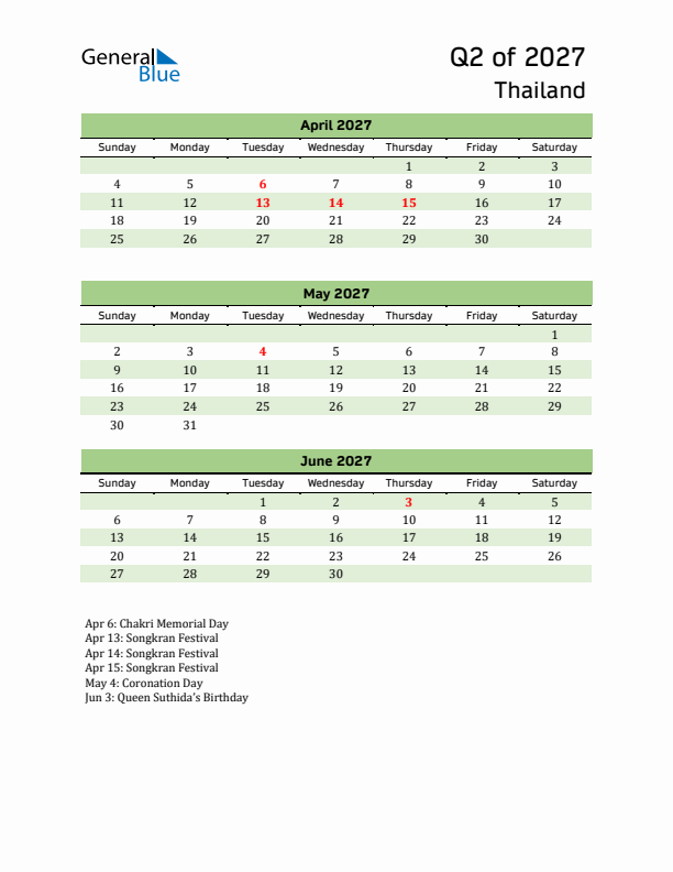 Quarterly Calendar 2027 with Thailand Holidays