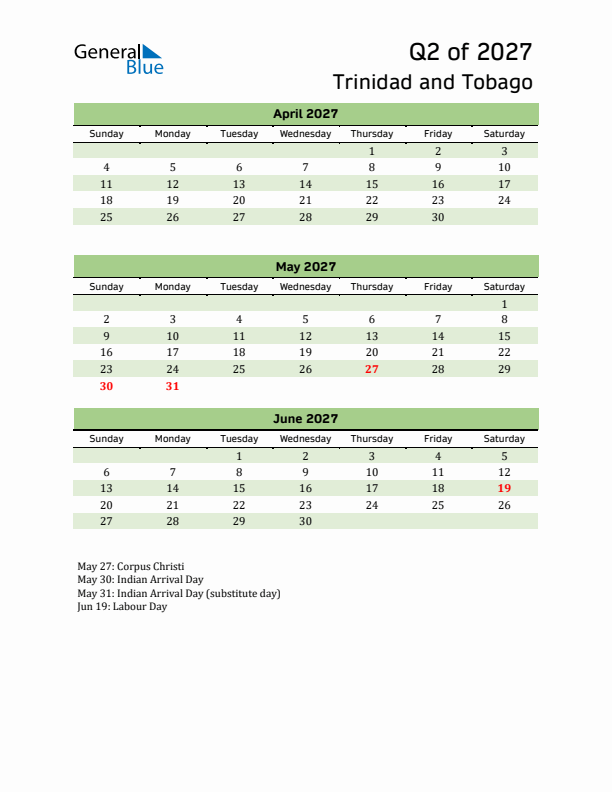 Quarterly Calendar 2027 with Trinidad and Tobago Holidays