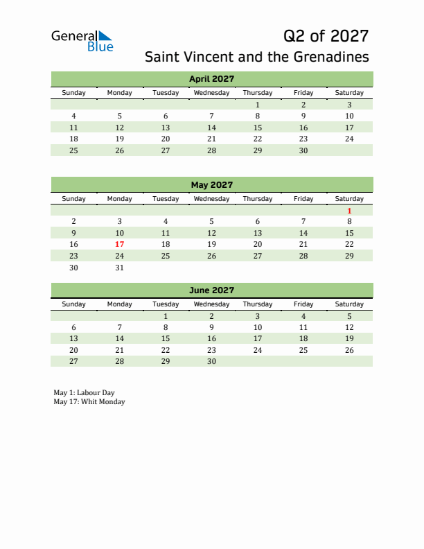 Quarterly Calendar 2027 with Saint Vincent and the Grenadines Holidays